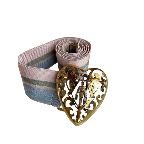 Gucci Accessories - Gucci Multicolor Fabric Heart Crest Striped Stretch Belt in Pink/Blue Size 75